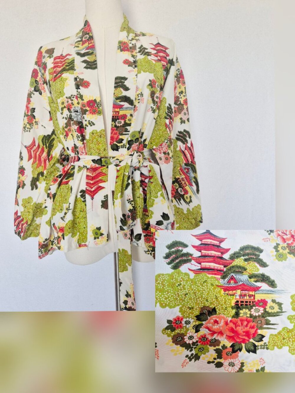 Floral Kimono Robe in White with Pink & Green Print
